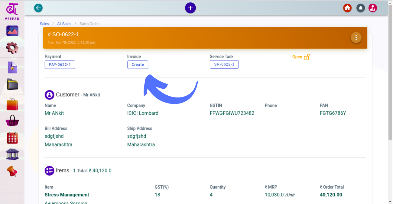 Create Invoice from Sales Order / Sales Entry